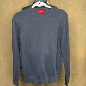 HUGO Boss Men’s L Wool Crewneck Sweater Navy 100% Wool Lightweight Knit Slim Fit